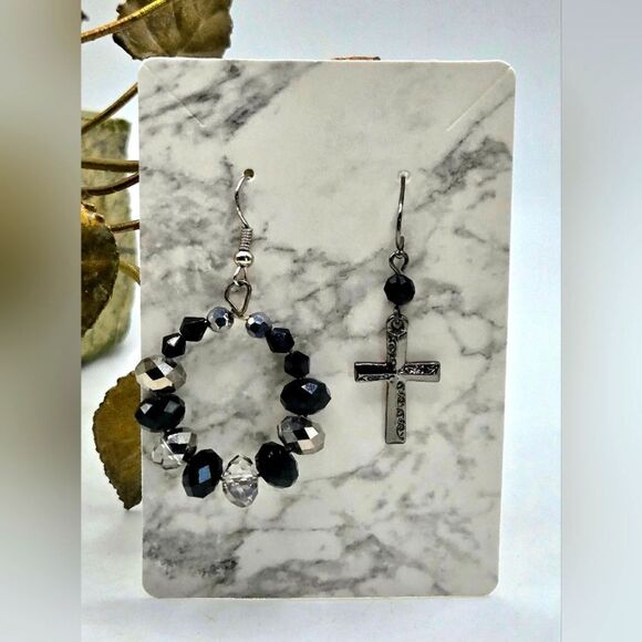 "5/$25" Mismatched Cross Circle Drop Black Crystal Silvertone Dangle Earrings - Picture 1 of 8